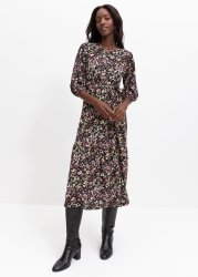 Print Belted Tiered Puff Sleeve Maxi Dress