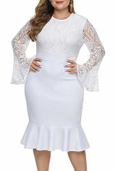 Urchics Women Elegant Ruffled Floral Lace Plus Size Wedding Party Mermaid Midi Dress White 3X