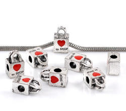 European Style - Antique Silver - "love To Shop" - Charm Spacer Beads With Red Heart