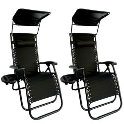 Sun Lounger Recliner Chair With Canopy Sunshade Set Of 2