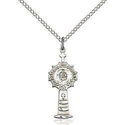 Sterling Silver Monstrance Pendant 1 X 3 8 Inches With Sterling Silver Lite Curb Chain