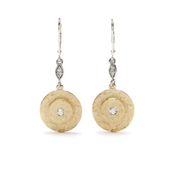 9KT Solid Gold Beaten Earrings With Crystal Centre - Solid 9KT Gold & White Gold