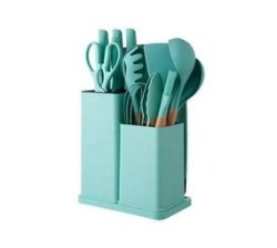 Silicone Kitchenware Kit 19 Pieces Knife & Spoon Set With Storage Rack - Green