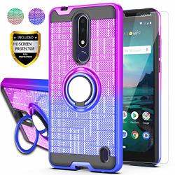 Nokia 3.1 Plus Case With HD Screen Protector Aymecl Ring Holder Gradient Dual Layer Protective Case For Nokia 3.1 Plus 6.0 Inch-bg Purple&blue