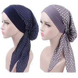 Simoda Womens Cotton Head Scarf Pre Tied Bandana Chemo Hat Elastic Band Beanie Sleep Turban Headwear For Cancer Blue+grey
