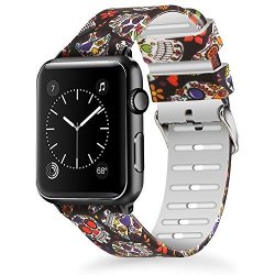 Lwsengme Compatible With Apple Watch Band 38MM 42MM Soft Silicone Replacment Sport Bands Compatible With Iwatch Series 3 Series 2 Series 1 - Pattern Printed FLOWER-1 38MM