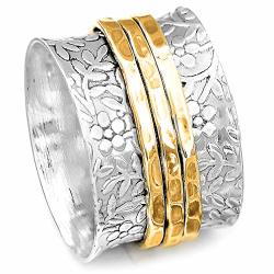 Boho-magic 925 Sterling Silver Spinner Flowers Ring For Women With 3 Brass Fidget Rings Wide Band 9