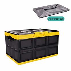 30L Collapsible Storage Bins Durable Plastic Folding Utility Crates Solid Wall Stackable Containers For Home And Garage Organization Car Backseat Collapsible Organizer Yellow