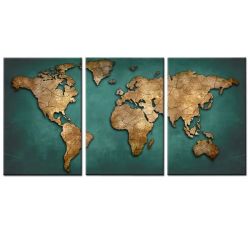 CANVAS-ART-3 Pieces Green World Map Vintage Continent Abstract Wall Art