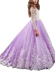 Holy Mulanbridal Kids First Communion Dress Ball Gown Flower Girl Dresses Lace Pageant Gowns Lilac CHILD-11