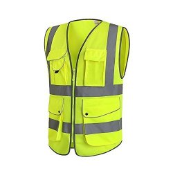 Wisamic Reflective Safety Vest - With 9 Pockets 2 High Visibility Zipper Reflective Strips Yellow Meets Ansi isea Standards Medium