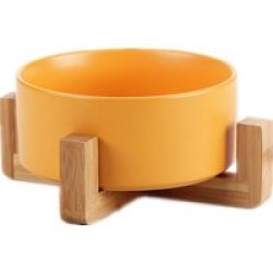 Small Ceramic Bowl With Wooden Stand - Yellow