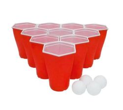 Party Pong Kit With Red Plastic Hexagon Cups And Table Tennis Balls