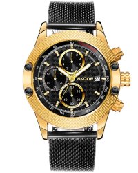 SKONE Wotton Chronograph Men's Watch Black Milanese Mesh Strap - Gold