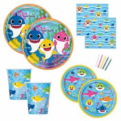 Baby Shark Theme Birthday Party Supplies Set For Boys Or Girls - Serves 16 - Plates Napkins Cups And Candles - Dododo