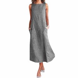 Muchy Womens Dresses for Clearence O-Neck Sleeveless Long Dress with Pocket Casual Beachwear Dress Sundress 
