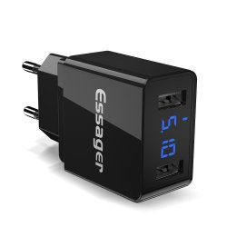 Essager 2.4A Dual USB Ports Fast Charging Digital Display Charger Adapter For Iphone X XS Xr Huawei MATE20 P20 MI9 Black
