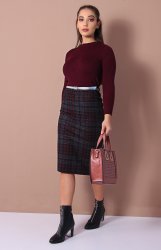 Ladies' Check Skirt - Burgundy - Burgundy 28