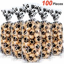 100 Pieces Pet Paw Print Plastic Cellophane Bags Wide Bottom Heat Sealable Treat Candy Bags Dog Cat Gift Bags With 100 Pieces Silver Twist