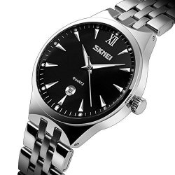 Skmei Men's Brand Luminous Business Watch Waterproof Stainless Steel Band Date Display Quartz Wristwatch Silver+black