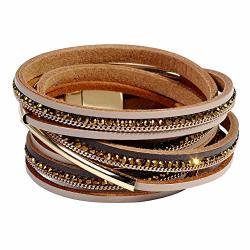 Leather Cuff Bracelet For Women - Boho Beads Wrap Clasp Bangle Bracelet Leather Wristbands Birthday Gifts For Women Dark Brown With Gold Bar