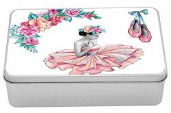 Ambesonne Ballerina Metal Box Painting Illustration Of Girl With Floral Head Wear And Fluffy Pastel Toned Tutu Multi-purpose Rectangular Tin Box Container With Lid