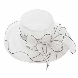Feeshow Women's Organza Kentucky Derby Church Dress Hat Wide Brim Fascinator Tea Party Wedding Bridal Hats White 2 One Size