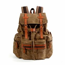 Yi'hui Men's Leather Canvas Backpack Large School Bag Travel Rucksack Hiking Backpack Travel Carry-on Backpack Fashion Backpack Fits Notebook Rucksack For Travel Adventure Bookbag Khaki