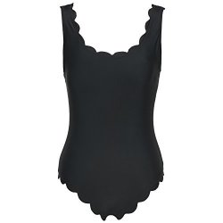 Jaberai Retro Scalloped One Piece Swimsuit Padded Backless Swimsuit For Women Black-s