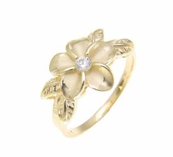 Yellow Gold Plated 925 Sterling Silver Hawaiian Plumeria Flower Cz Maile Leaf Leaves Ring Size 8