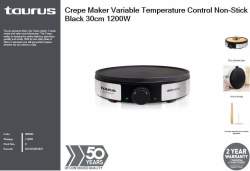 Taurus Crepe Maker Variable Temperature Control Non-stick Black 30CM 1200W