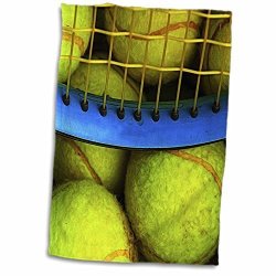 3DROSE Alexis Photo-art - Objects - Yellow Tennis Balls Blue Tennis Racket. Digital Painting - 15X22 Hand Towel TWL_272504_1