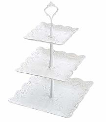 3 Tier Cake Stand Square Fruit Plate - Plastic MINI Cupcake Stand And Towers Tiered Display White Serving Platter Bases For Desserts Candy Station
