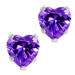 CT 3.00 .925 Sterling Silver Amethyst Cz Heart Shape Stud Earrings 6mm Purple
