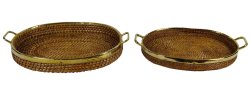 Decorative Handcrafted Oval Serving Wooden Wicker Trays With Side Handles Set Of 2 PWN-CB47A