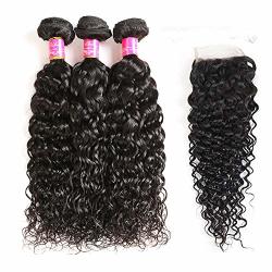 Brazilian Water Wave With Closure 8A Unprocessed Brazilian Virgin Human Hair 3 Bundles With 44 Free Part Closure Natural Color 12 14 16+10"CLOSURE