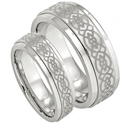 His & Her's 8MM 6MM 316L Stainless Steel Step Edge With Brushed Center & Celtic Knot Design Wedding Band Ring Set