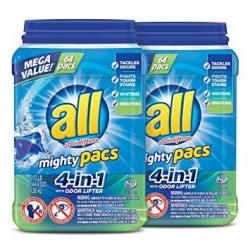 All Mighty Pacs Laundry Detergent 4-IN-1 With Odor Lifter 2 Tubs 64 Count
