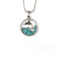 Dolphin Stunning And Sea In A Circle With Crystals Silver Pendant 18 Chain Blue