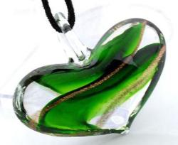 Necklaces - Murano Lampwork Foil Glass - Heart Pendant - Clear Green And Goldsand