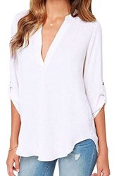 Grace Elbe Women's Casual V Neck Cuffed Sleeves Solid Chiffon Blouse Top White Medium