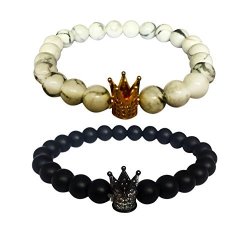 L-unique Jewelry Couples His And Hers Crown King Bracelet Black Matte Agate & White Howlite 8MM Beads 7.5" A