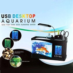 USB Fish Tank Decorations Meiliio MINI Smart Ecological Aquarium With LED Lamp Light USB Desktop MINI Fish Tank Plants Lcd Display Screen Calendar Alarm
