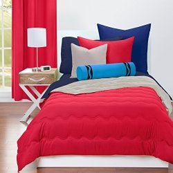 3 Piece Kids Red Grey Waves Stripes Pattern Comforter Full Queen Set Elegant Two Tune Solid Color Reversible Bedding Super Soft Stripe-inspired Design Features