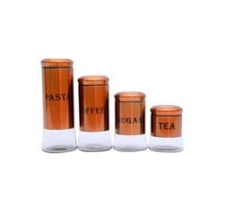 4 Piece Transparent Glass Jar Canisters - Coffee Sugar Tea And Storage - Gold