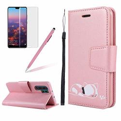 Strap Leather Case For Huawei P30 Pro Folio Flip Wallet Case For Huawei P30 Pro Pink Solid Color Girlyard Stylish Cute 3D Embossed Cat