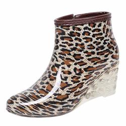 Women's Rain Boots Leopard Wedges Platform Slip On Waterproof Ankle Boots Elastic Garden Water Shoes Khaki Size Cn :37 US:6.5
