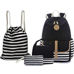Bagtop School Backpack Set - Canvas Teen Girls Bookbags 15" Laptop Backpack + Lunch Bags + Drawstring Backpack + Pen Case Bags Set Black
