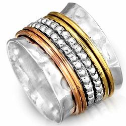 Boho-magic 925 Sterling Silver Spinner Ring With Brass And Copper Fidget Rings For Women Wide Band 7