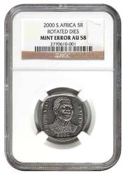 Rare Nelson Mandela Year 2000 R5 Ngc Graded Au 58 Mint Error Rotated Dies Coin - Super Rare
